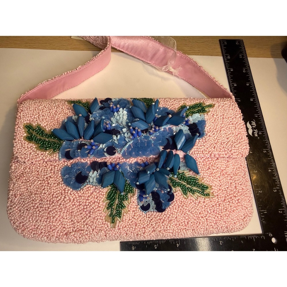 Pink Hand Beaded Floral Clutch Bag Blue 3D Flower Sequin Evening Shoulder Bag